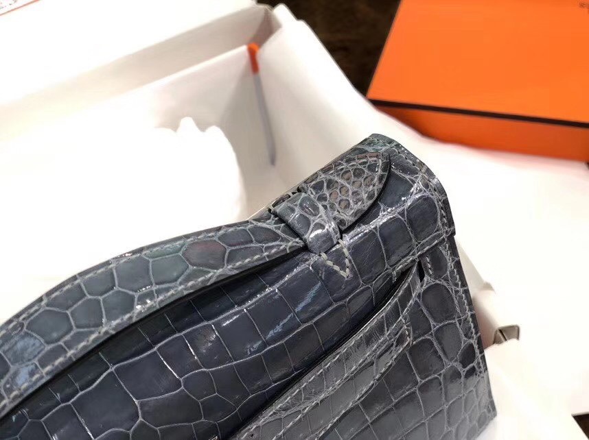 Hermes Mini Kelly Pochette 22cm Bag In Dark Grey Shiny Alligator Leather